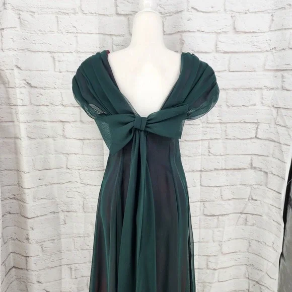 Vintage Y2K Prom Dress Maxi Gown Fairy Goth Dark Glam Green Bow Whimsy XS  7/8